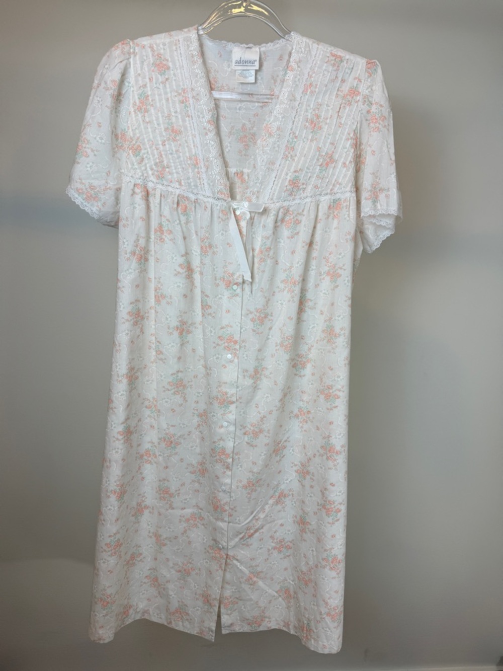 Vintage Adonna White Nightgown with Peach Floral Print and Pintuck Yoke - 80s